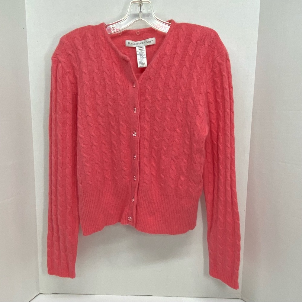 Ballinger Gold Button Up Cable Knit Cardigan M Coral Lambswool Angora Nylon FLAW